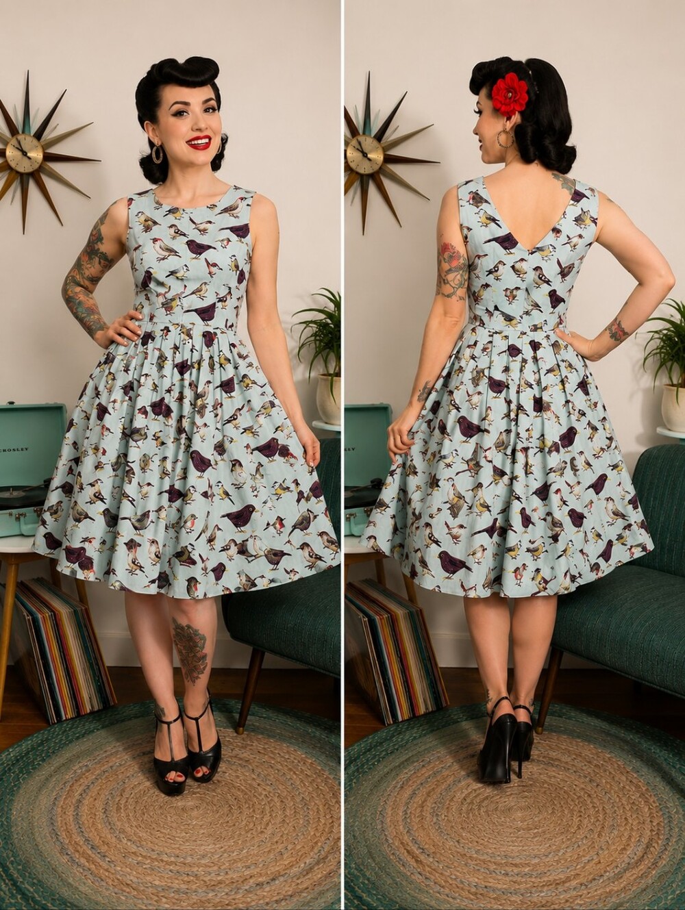 NWT LUOUSE ROBIN’S EGG BLUE VINTAGE 1950S RETRO BIRD PRINT PLEATED DRESS SZ L